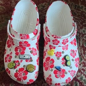 CROCS Red Floral Mules with Charms